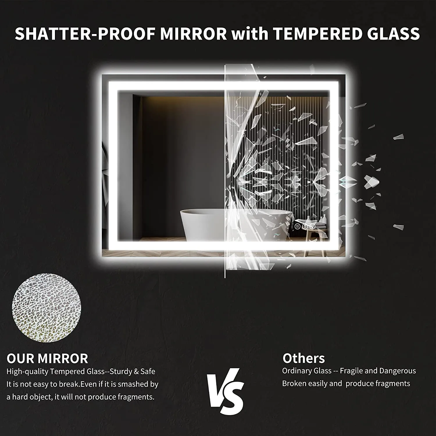 48 in. W x 36 in. H LED Rectangular Frameless Anti-Fog Bathroom Mirror Front & Backlit