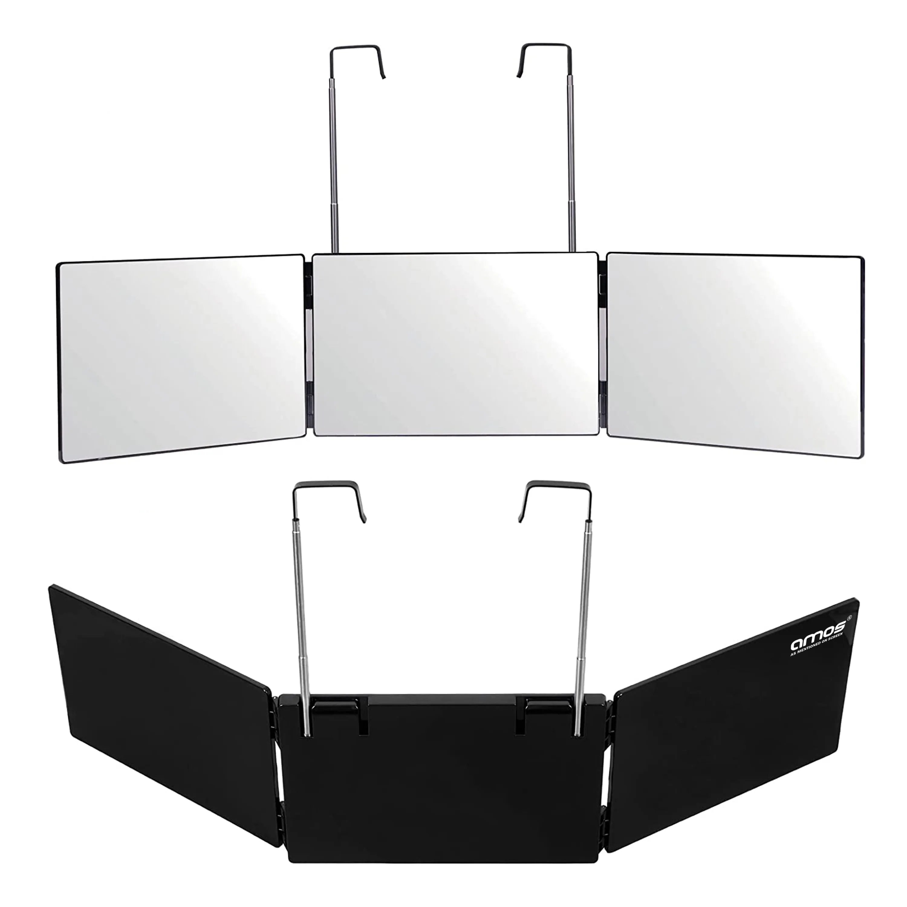 AMOS 3 Way Trifold Mirror 360 Degree View With Height Adjustable Telescopic Hooks - Perfect For Shaving Hair Cutting Makeup