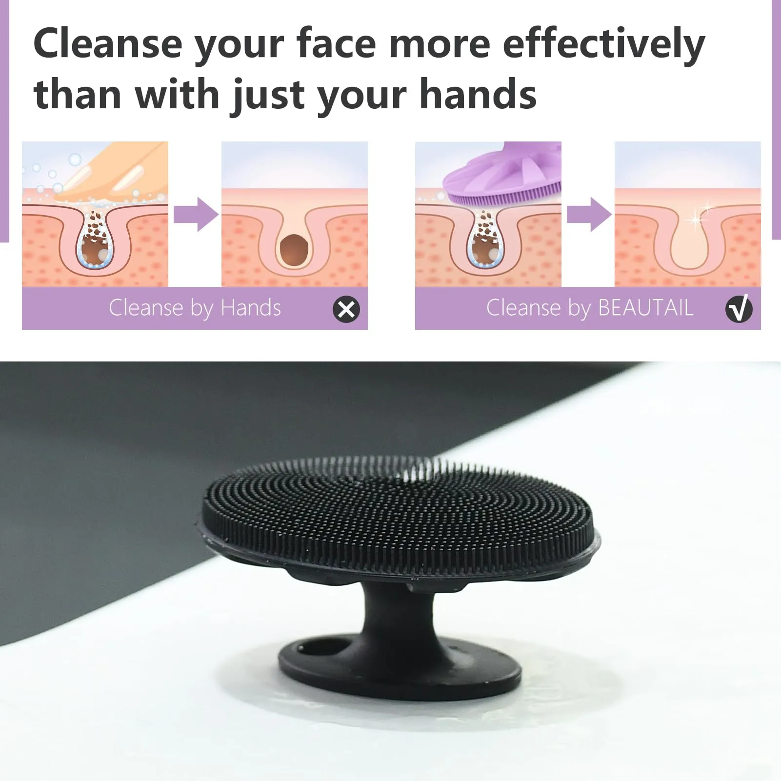 BEAUTAIL Silicone Face Scrubber 2 Pack, Manual Facial Cleansing Brush, Gentle Face Exfoliator for Sensitive Skin, Skin Care Exfoliating Face Brush for Men and Women, Black Purple