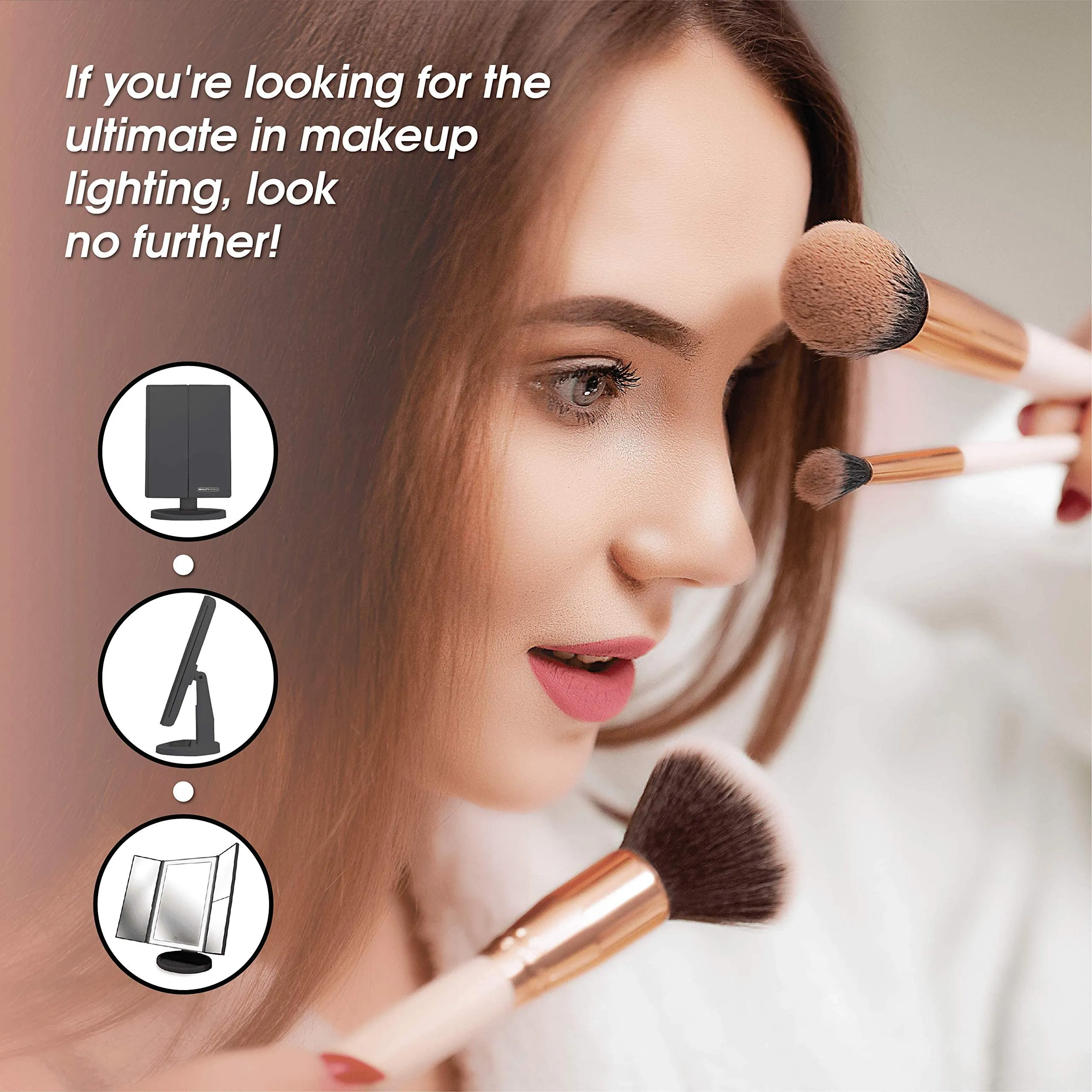 Beautyworks Backlit Makeup Vanity Mirror 36 LED Lights Touch-Screen Light Control, Tri-Fold 1/2/3X Magnification, Portable High-Definition Cosmetic Magnifying Personal Makeup Mirrors (Midnight Black)