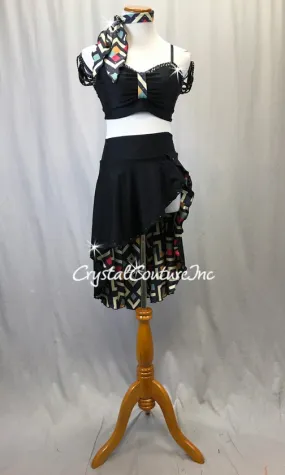 Black Lycra 2-Piece Bra Top and Skirt w/Geometric Print Lining - Rhinestones