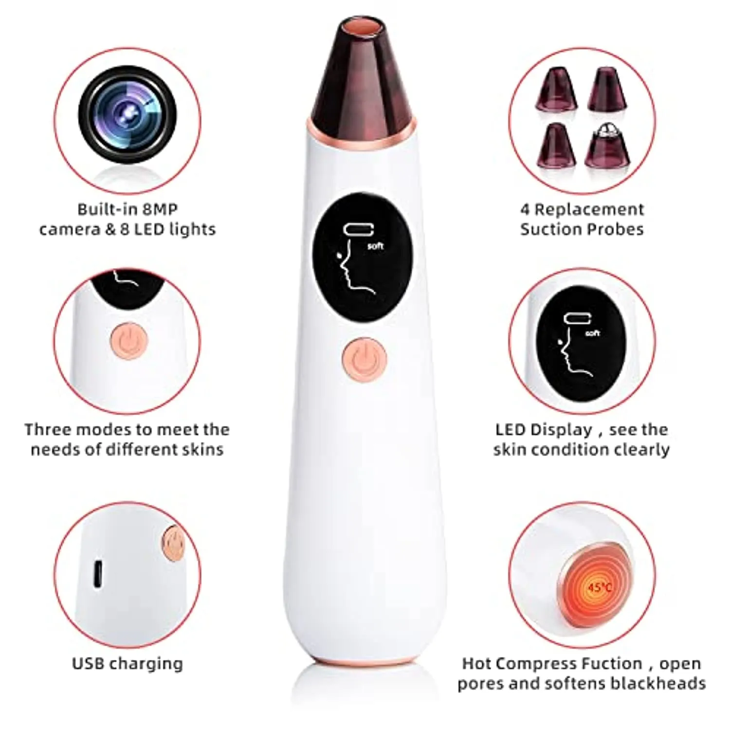 Blackhead-Remover-Pore-Vacuum-with-Camera - Acne Extractor Pore Vacuum Hot Compress WiFi HD Camera with Facial Pore Extractor with 4 Probes and 3 Adjustable Suction USB Rechargeable for All Skin