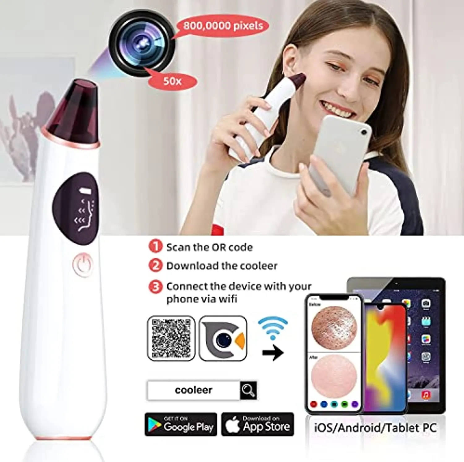 Blackhead-Remover-Pore-Vacuum-with-Camera - Acne Extractor Pore Vacuum Hot Compress WiFi HD Camera with Facial Pore Extractor with 4 Probes and 3 Adjustable Suction USB Rechargeable for All Skin