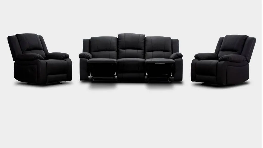 Captain 3 Seater Lounge with 2 Single Recliner Rhino Fabric Set -Black Onyx