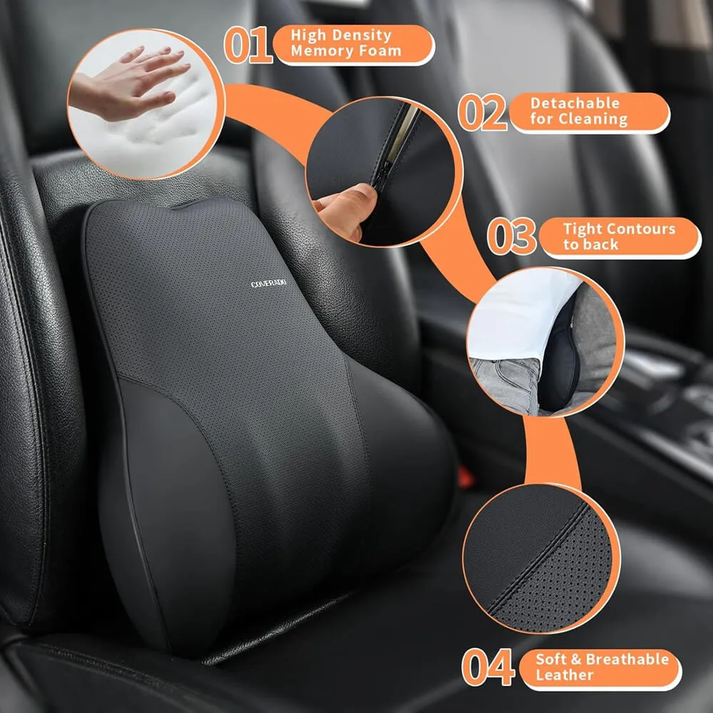 Coverado Leather Lumbar Support Pillow for Office Chair, Cars, Sofa with Detachable Memory Foam Back Support Pillow for Lower Back Pain