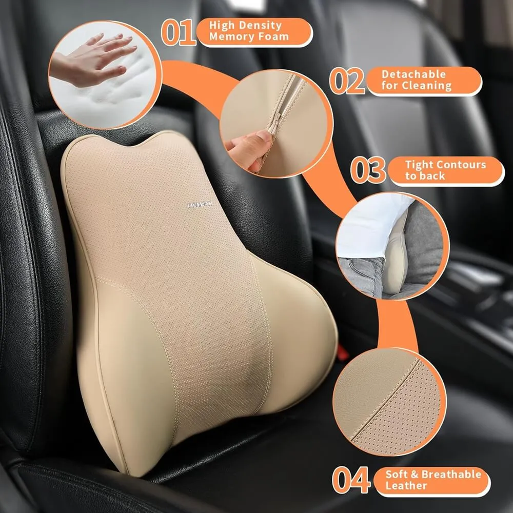 Coverado Leather Lumbar Support Pillow for Office Chair, Cars, Sofa with Detachable Memory Foam Back Support Pillow for Lower Back Pain