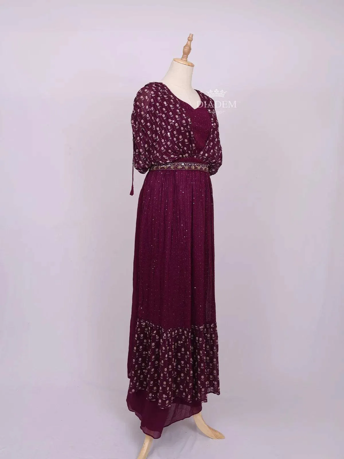 Dark Purple Plazzo Suit Adorned with Sequins and Mirror work with Waist Belt