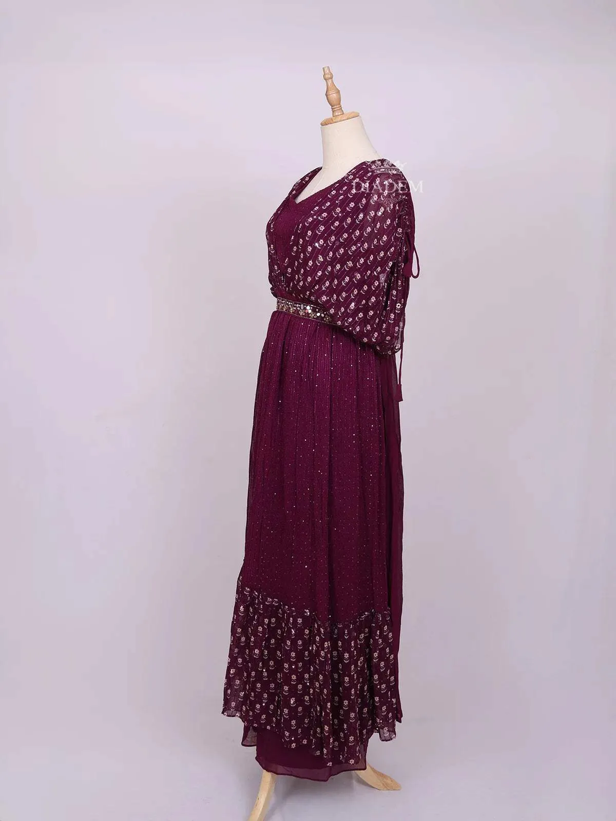 Dark Purple Plazzo Suit Adorned with Sequins and Mirror work with Waist Belt
