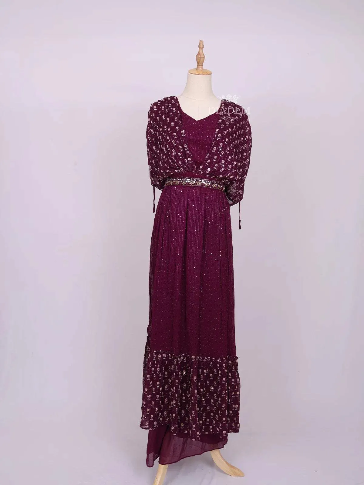 Dark Purple Plazzo Suit Adorned with Sequins and Mirror work with Waist Belt