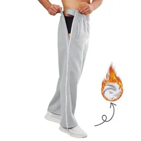 Deyeek Mens Fleece Sweatpants Tear Away Pants 2 Side Zippers Snap Off Full Open Down Sweat Leg Post Surgery Pant with Pockets Light Grey