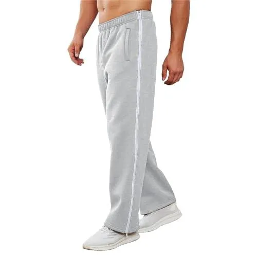Deyeek Mens Fleece Sweatpants Tear Away Pants 2 Side Zippers Snap Off Full Open Down Sweat Leg Post Surgery Pant with Pockets Light Grey