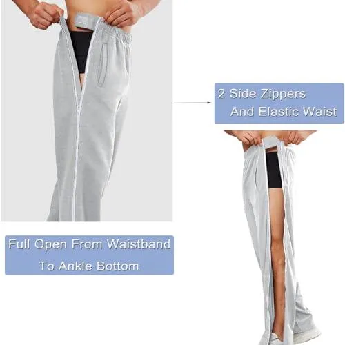 Deyeek Mens Fleece Sweatpants Tear Away Pants 2 Side Zippers Snap Off Full Open Down Sweat Leg Post Surgery Pant with Pockets Light Grey