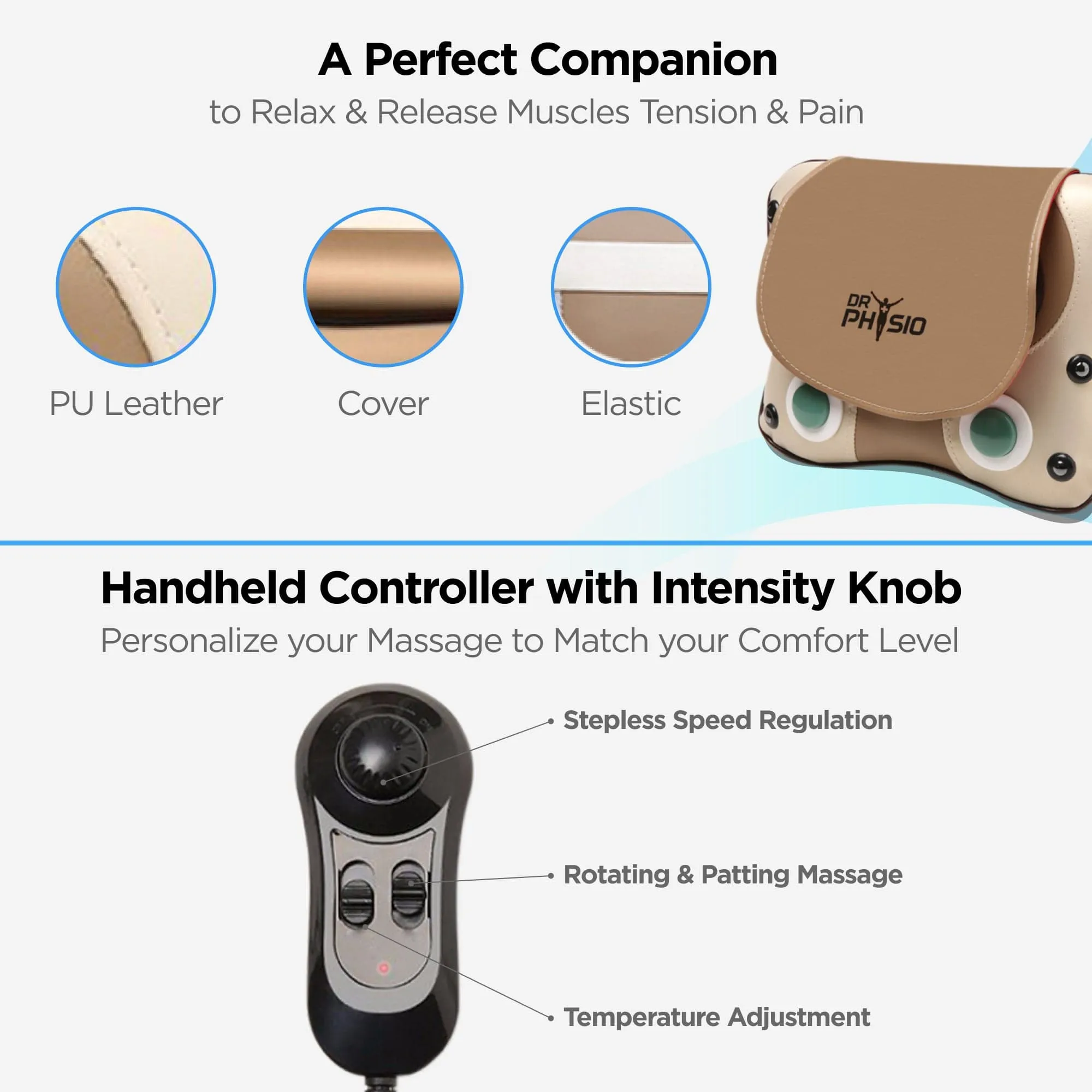 Dr Physio USA 3D Massage Pillow for Back, Shoulder, Leg, & Full Body Muscles Pain Relief, Shiatsu Kneading Rolling & Heating Massager with Speed Controller 1009 (Brown)
