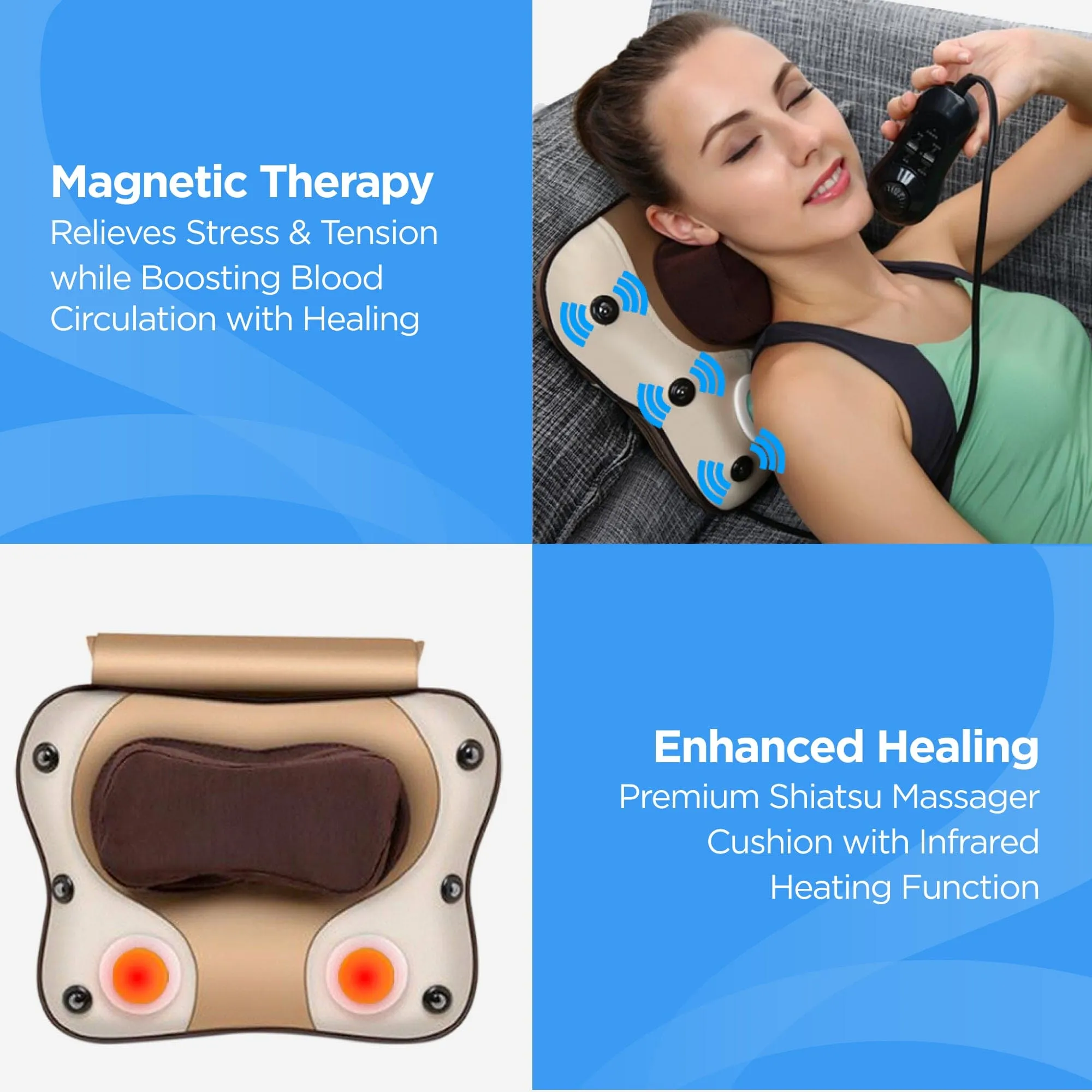 Dr Physio USA 3D Massage Pillow for Back, Shoulder, Leg, & Full Body Muscles Pain Relief, Shiatsu Kneading Rolling & Heating Massager with Speed Controller 1009 (Brown)