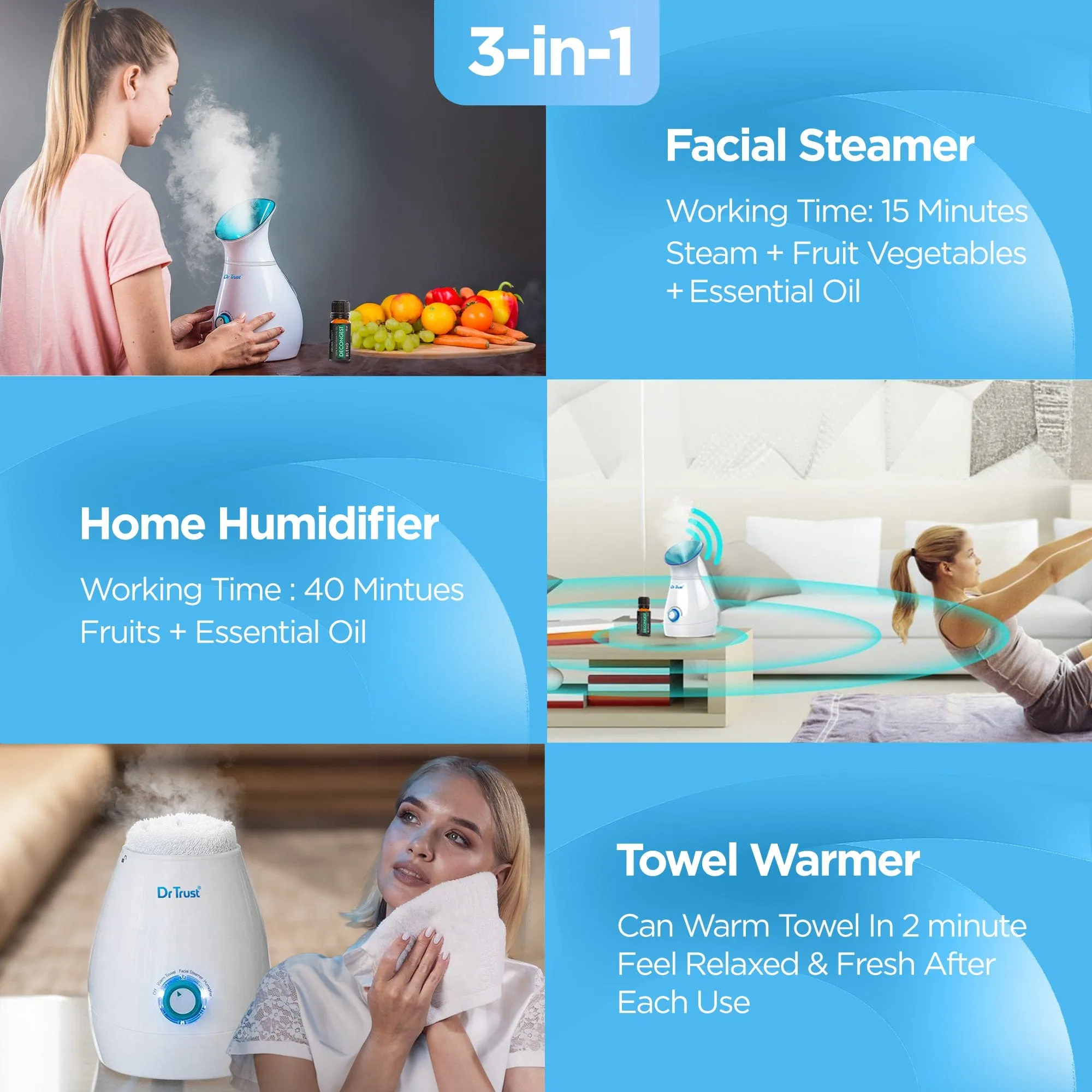 Dr Trust USA 3-in-1 Nano Ionic Facial Steamer Vaporizer (Blue) 902