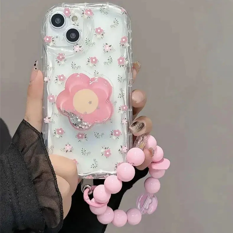 Floral Pink Flower Quicksand Holder Stand Phone Case for Samsung Galaxy