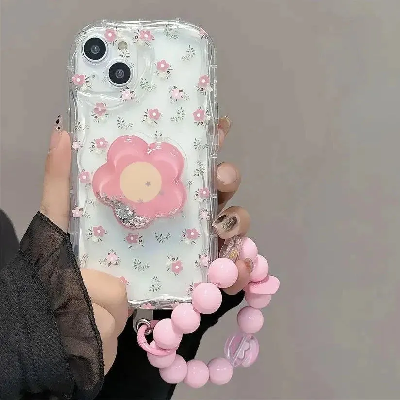 Floral Pink Flower Quicksand Holder Stand Phone Case for Samsung Galaxy