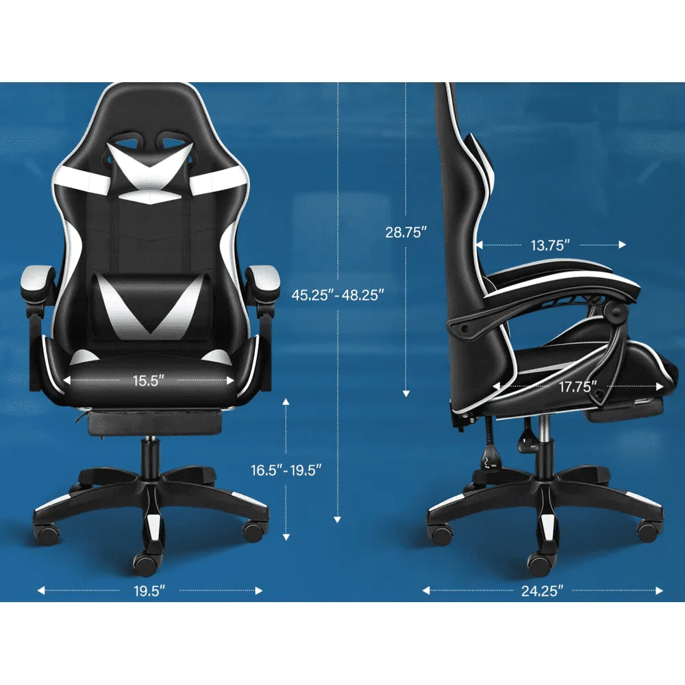 Gaming Ergonomic Chair with Footrest - Black/White