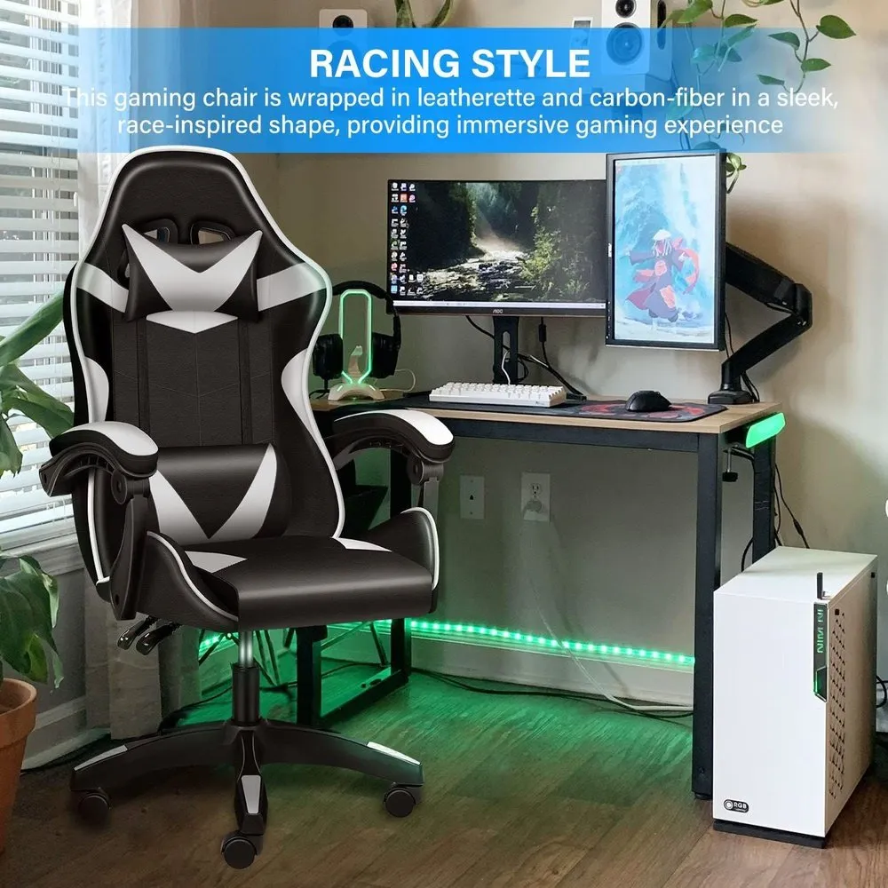 Gaming Ergonomic Chair with Footrest - Black/White