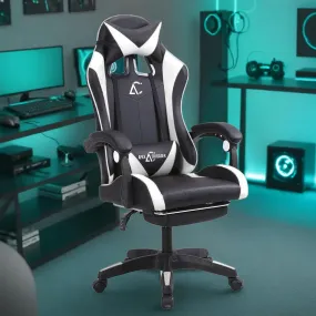 Kuber Industries Ergonomic PC Gaming Chairs with Wheels | Comes with Headrest, Lumbar Support Cushions & Footrest | Comfortable Chair for Long Sitting & Back Pain Relief | 2023-6F-BW-Black & White