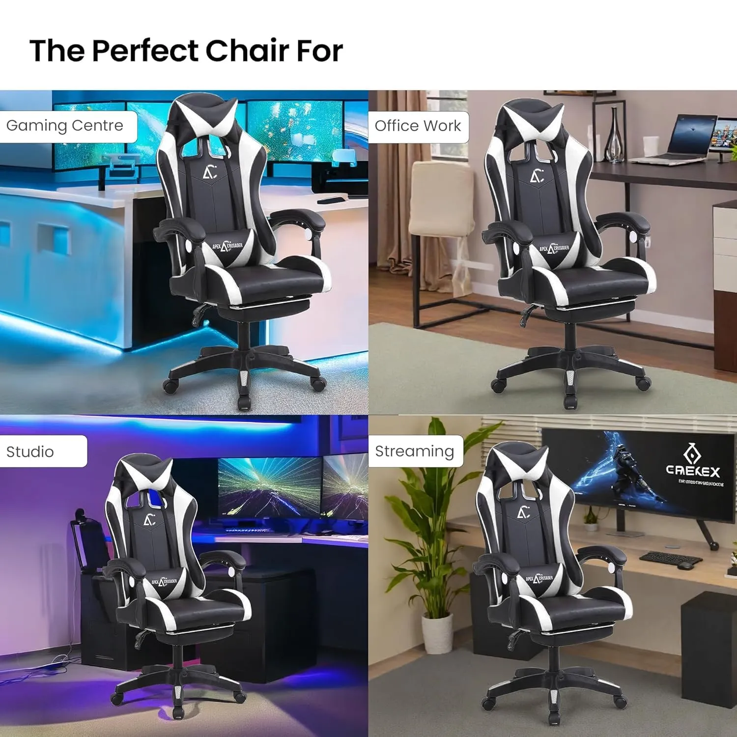 Kuber Industries Ergonomic PC Gaming Chairs with Wheels | Comes with Headrest, Lumbar Support Cushions & Footrest | Comfortable Chair for Long Sitting & Back Pain Relief | 2023-6F-BW-Black & White