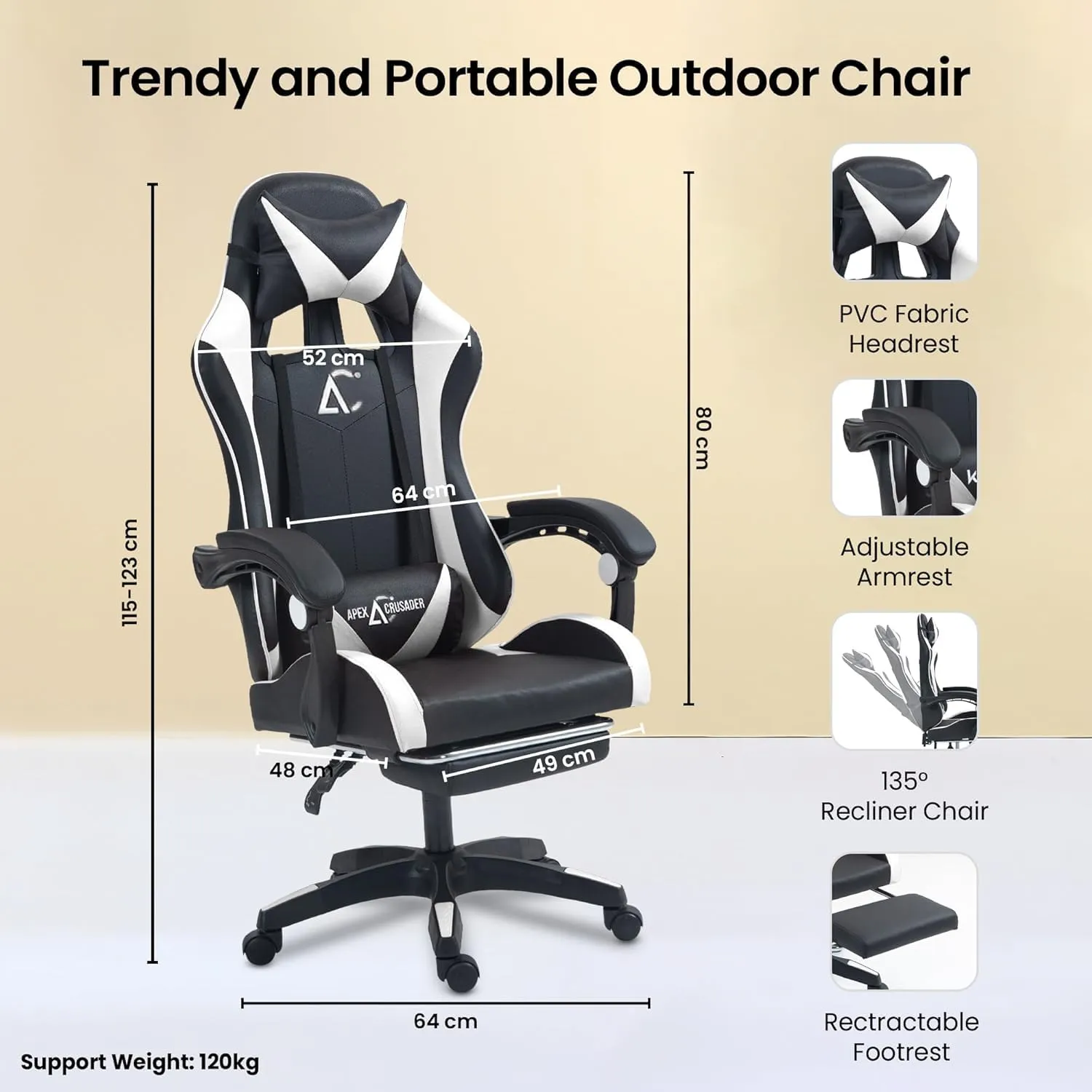 Kuber Industries Ergonomic PC Gaming Chairs with Wheels | Comes with Headrest, Lumbar Support Cushions & Footrest | Comfortable Chair for Long Sitting & Back Pain Relief | 2023-6F-BW-Black & White