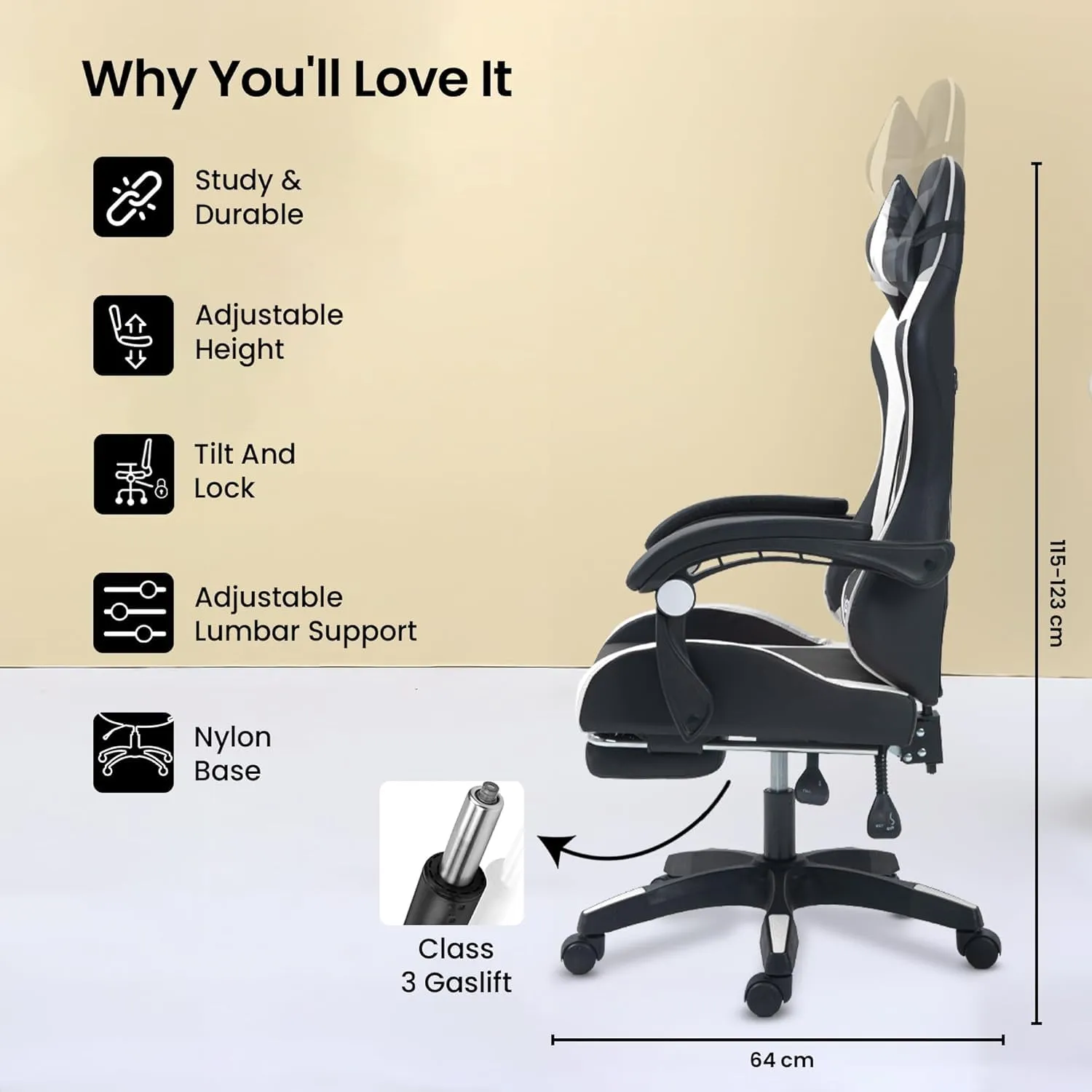 Kuber Industries Ergonomic PC Gaming Chairs with Wheels | Comes with Headrest, Lumbar Support Cushions & Footrest | Comfortable Chair for Long Sitting & Back Pain Relief | 2023-6F-BW-Black & White