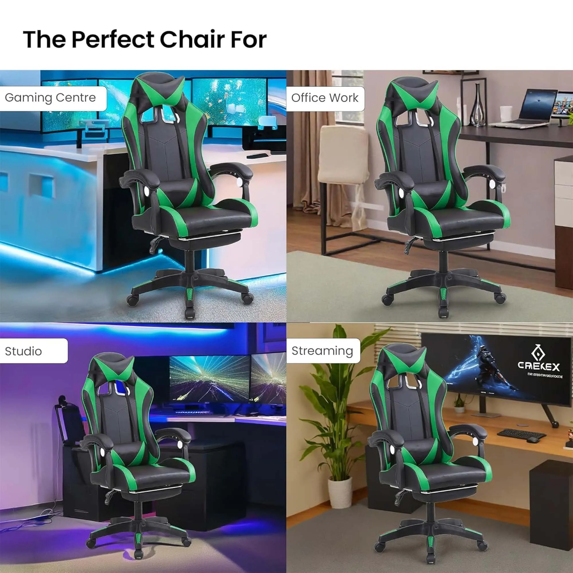 Kuber Industries Ergonomic PC Gaming Chairs with Wheels | Comes with Headrest, Lumbar Support Cushions & Footrest | Comfortable Chair for Long Sitting & Back Pain Relief | 2023-6F-GRN-Black & Green