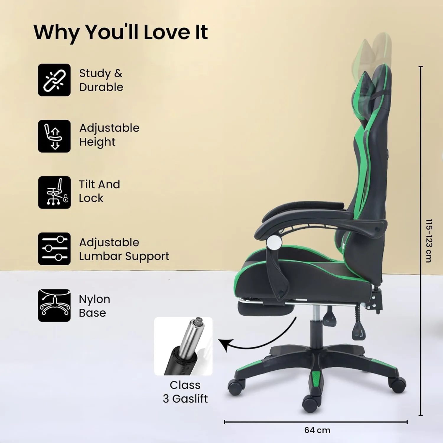 Kuber Industries Ergonomic PC Gaming Chairs with Wheels | Comes with Headrest, Lumbar Support Cushions & Footrest | Comfortable Chair for Long Sitting & Back Pain Relief | 2023-6F-GRN-Black & Green