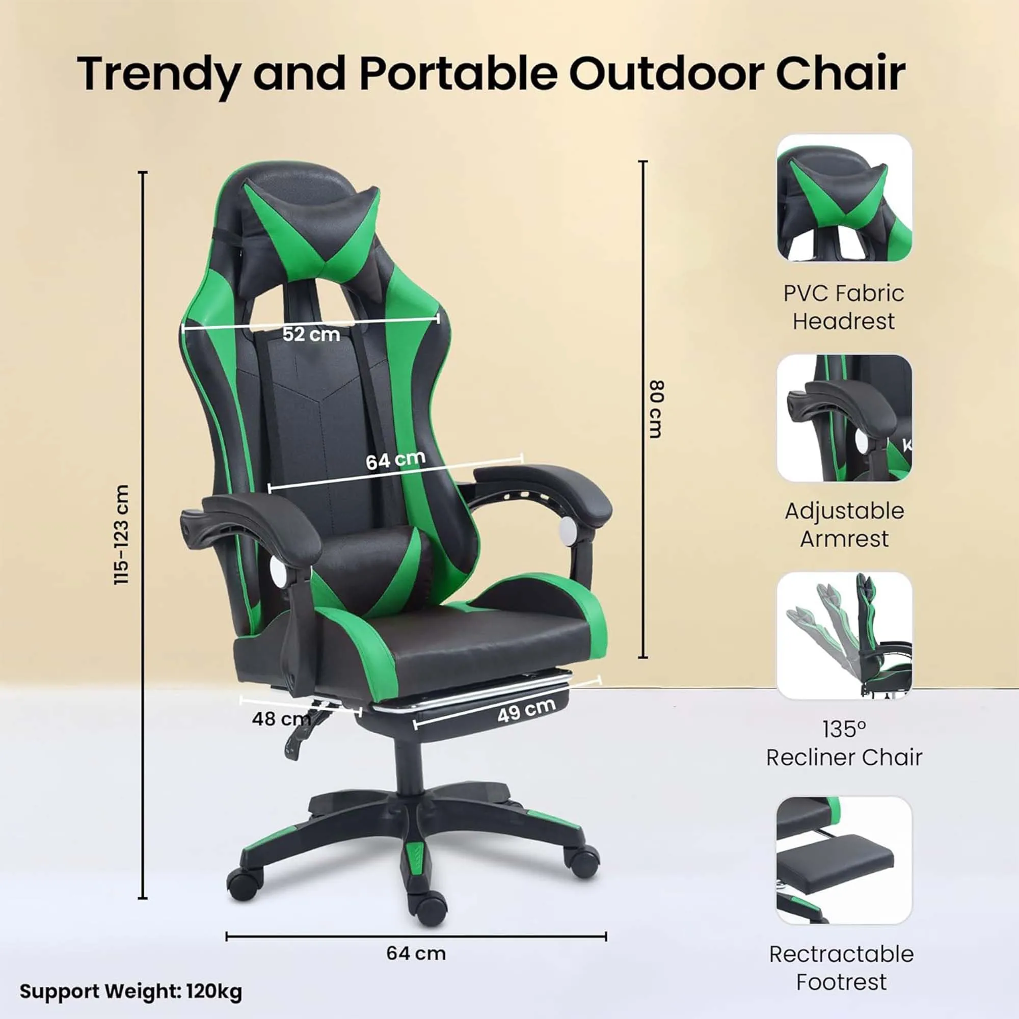 Kuber Industries Ergonomic PC Gaming Chairs with Wheels | Comes with Headrest, Lumbar Support Cushions & Footrest | Comfortable Chair for Long Sitting & Back Pain Relief | 2023-6F-GRN-Black & Green