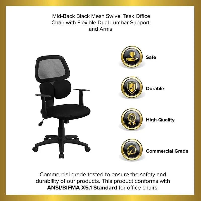Mid-Back Black Mesh Swivel Task Office Chair with Flexible Dual Lumbar Support and Arms [BT-2755-BK-GG]