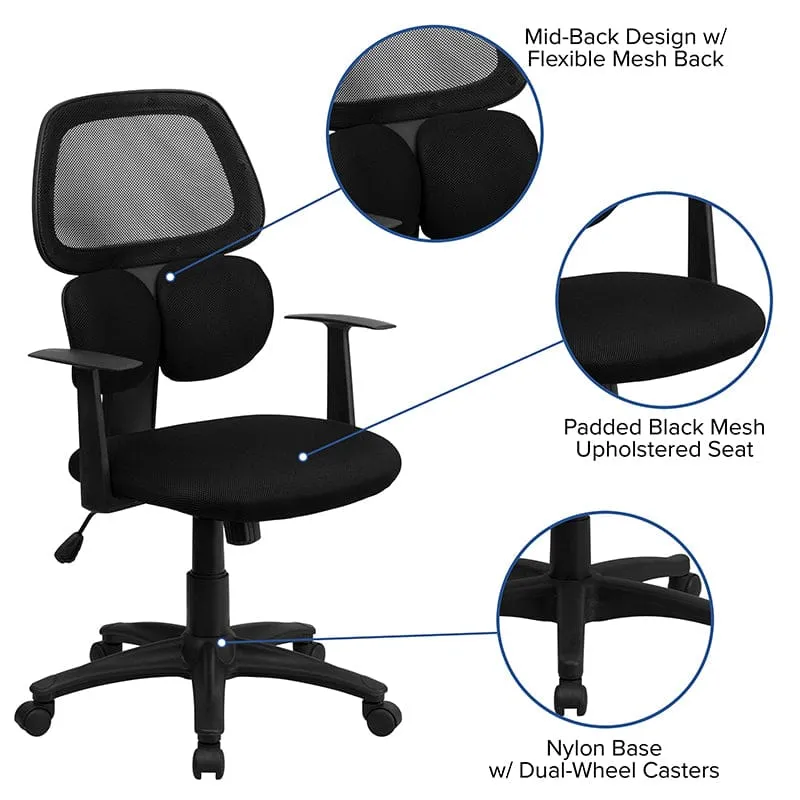 Mid-Back Black Mesh Swivel Task Office Chair with Flexible Dual Lumbar Support and Arms [BT-2755-BK-GG]