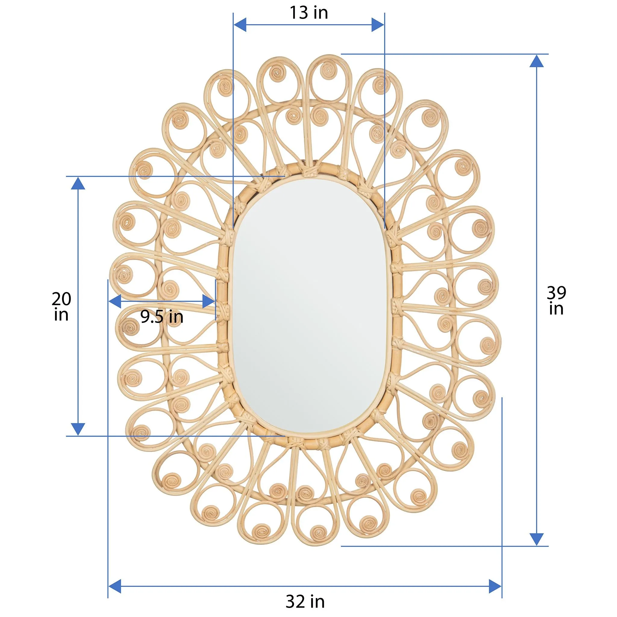 Oval Boho Chic Rattan Peacock Mirror, Natural, 39 Inch Tall