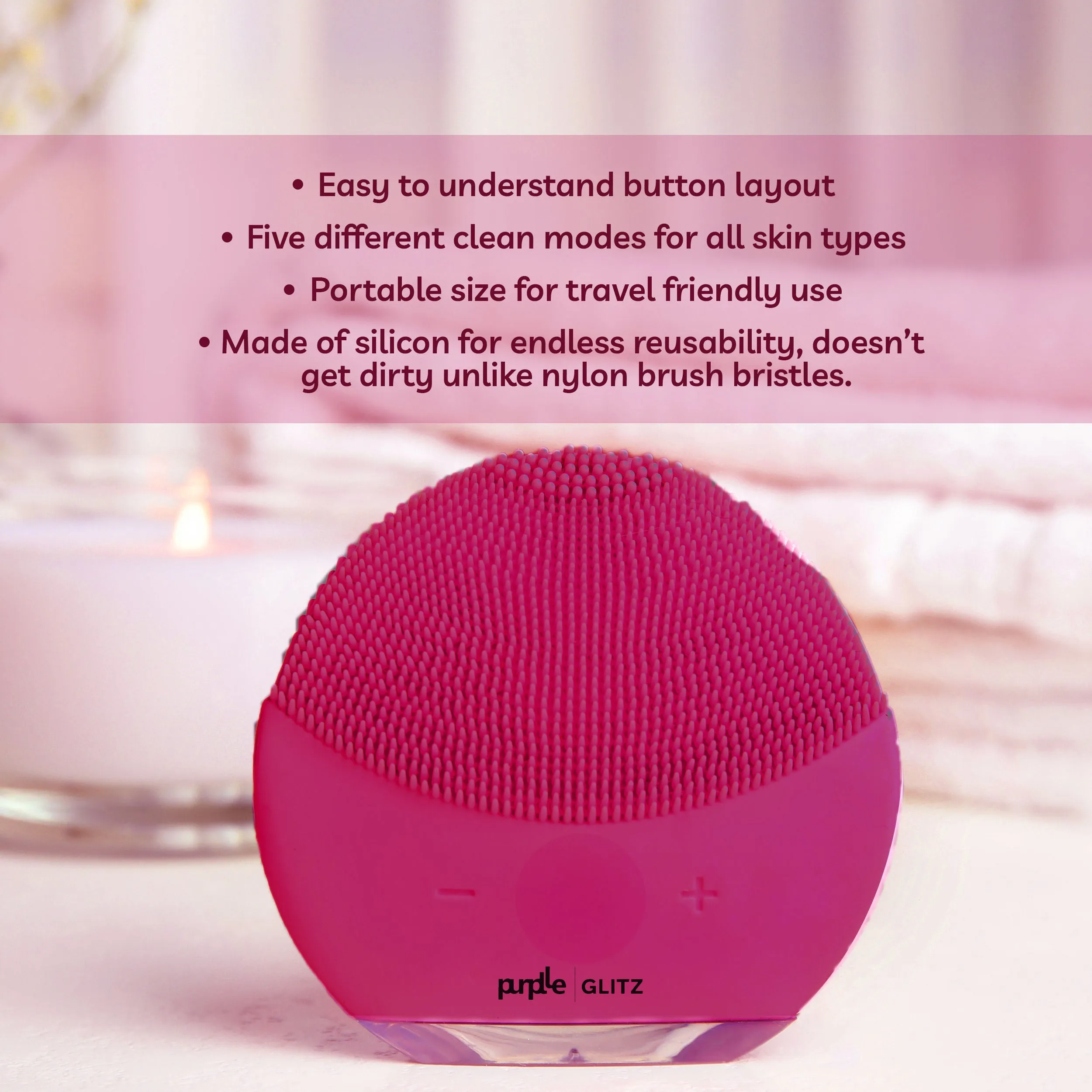 Purplle Glitz Facial Cleansing Brush | Face Appliance | Smoothening | Combats Pollution | Portable | Removes dead skin cells | Multiple speeds
