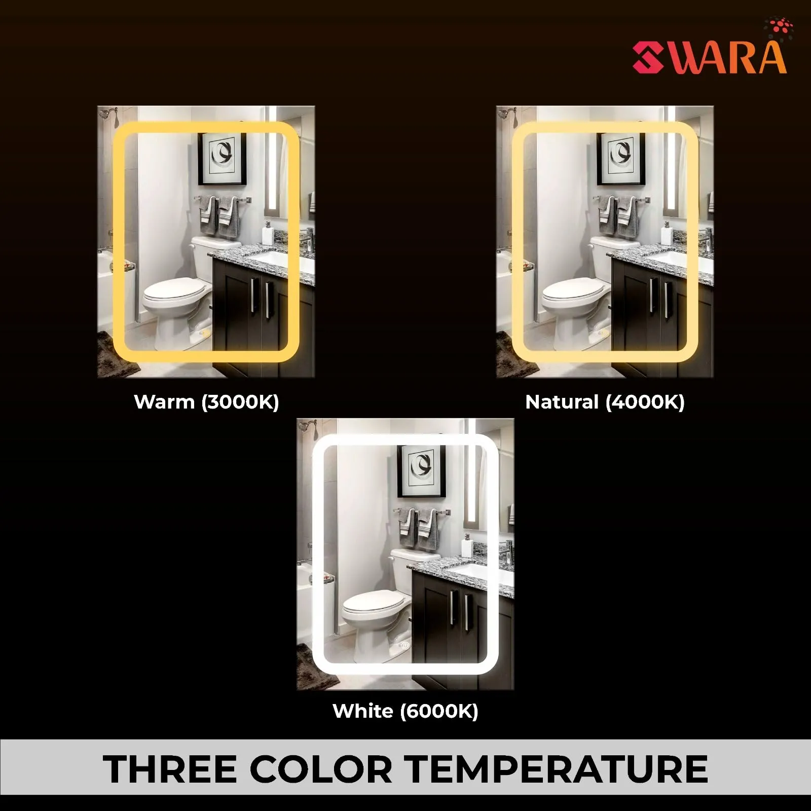 Rectengal LED Wall Mirror for Bathroom,Wash Basin Mirror 3 LED Lights (Warm,White,Natural White, Size 18x24 Inch