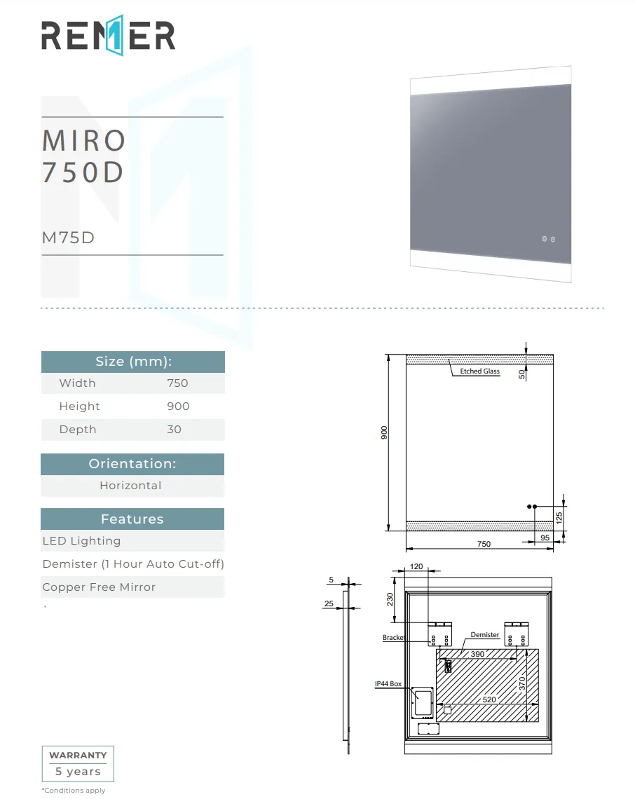 Remer Miro Backlit Bathroom Mirror - Optional Bluetooth Audio