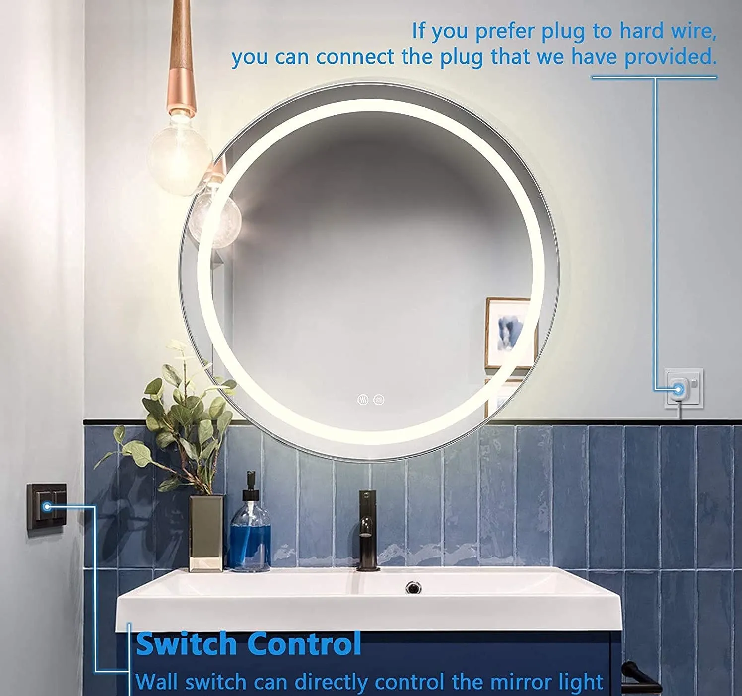 VENETIAN IMAGE Wall Mounted Round LED Mirror Saint Gobain Glass for Bathroom Vanity Home Décor | Warm White 3000K Led Lights with Sensor Dimmer |30 inches Dia