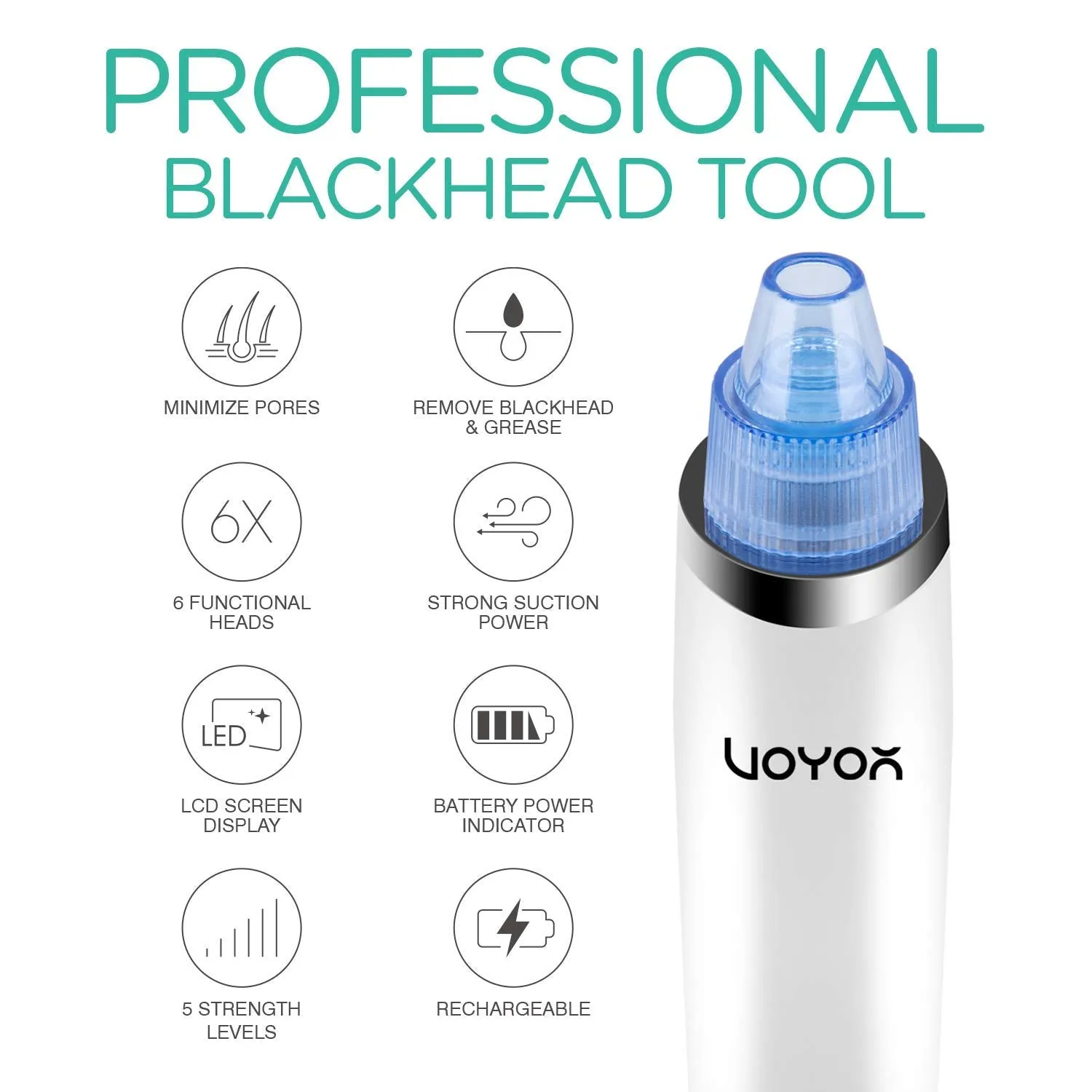 VOYOR Blackhead Remover Pore Vacuum - Blackheads Remover Tools Electric Face Vacuum Pore Cleaner Acne Whiteheads Extractor with 6 Suction Heads and 5 Suction Levels for Men and Women BR510