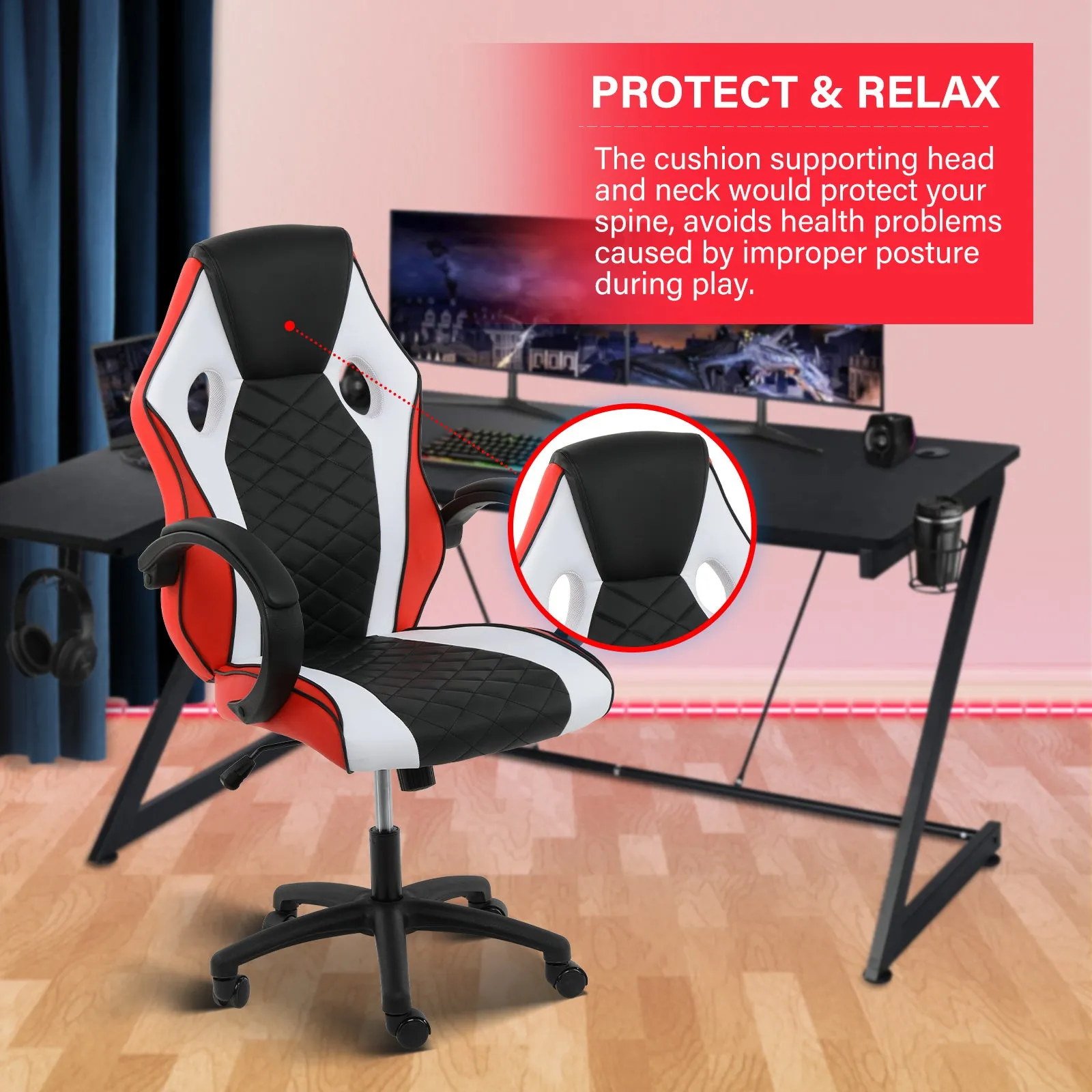 YSSOA Gaming Office High Back Computer Ergonomic Adjustable Swivel Chair, Black/White/Red